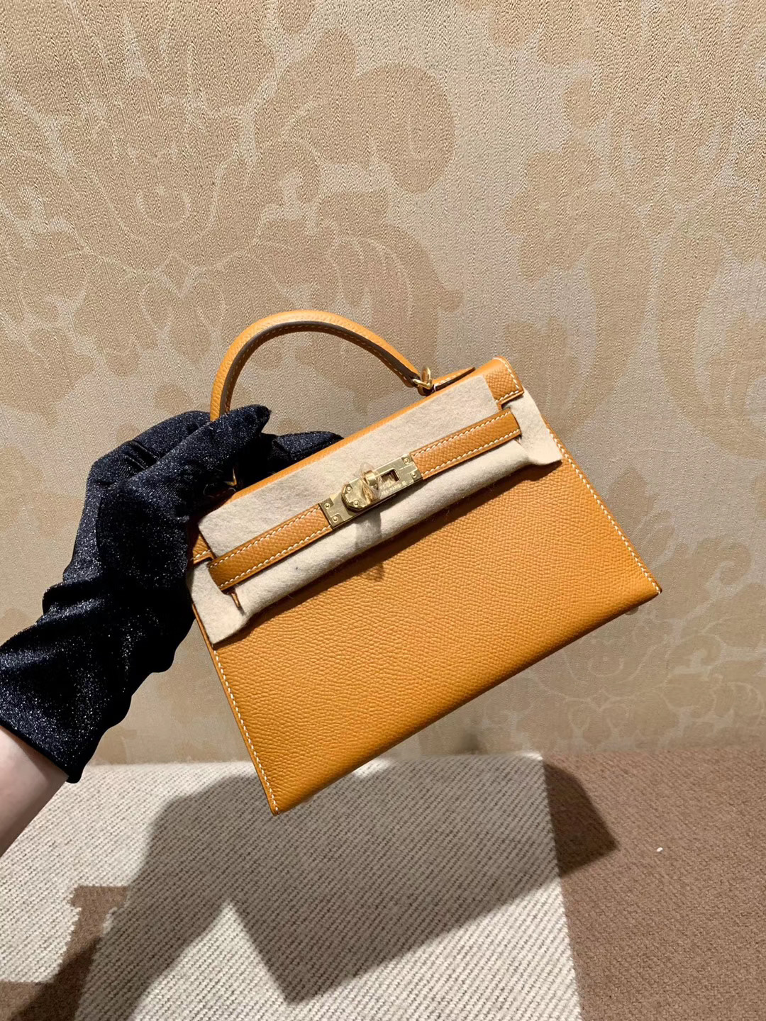 爱马仕 Hermes Mini Kelly 19CM 太妃金 金扣 Epsom皮