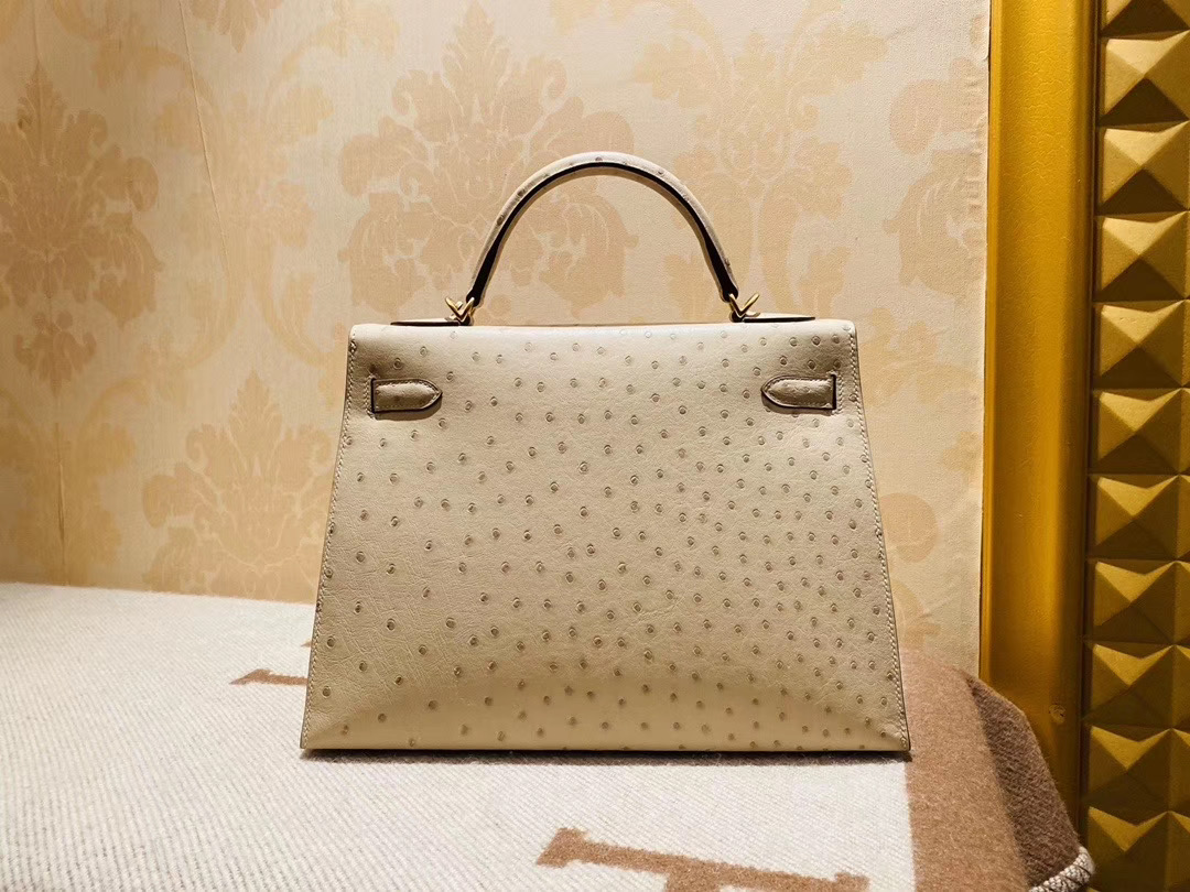 Hermes Kelly KL32cm 羊毛白 鸵鸟皮 金扣