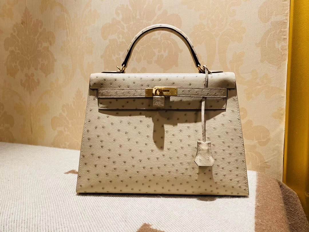 Hermes Kelly KL32cm 羊毛白 鸵鸟皮 金扣